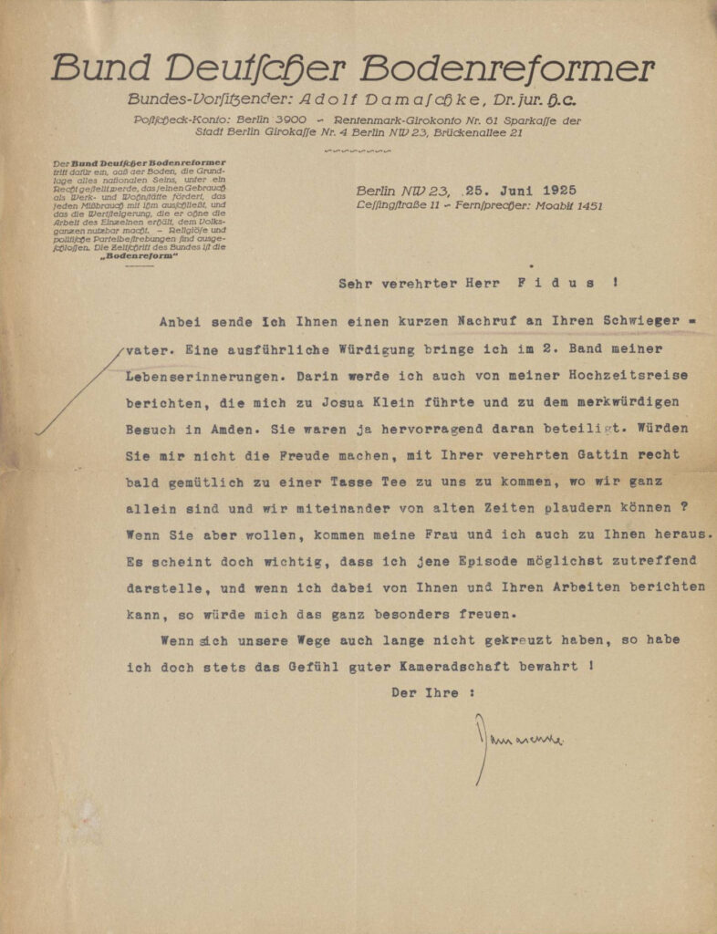 Brief von Adolf Damaschke, 25. Juli 1925.